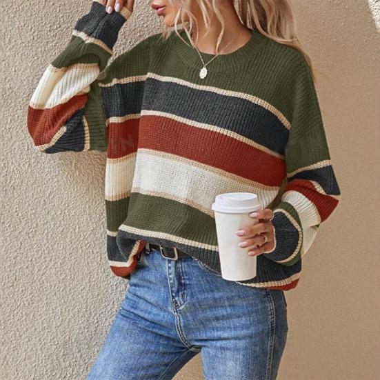 Women Sweater Round Neck Long Sleeve Knitted Tops Striped Print Loose Fit Soft Elastic Warm Winter Sweater