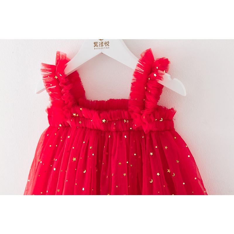 New Christmas Dress Stars Moon Strapless Dress Princess Mesh Shaggy Dress Children's Halter Dress Holiday Dress