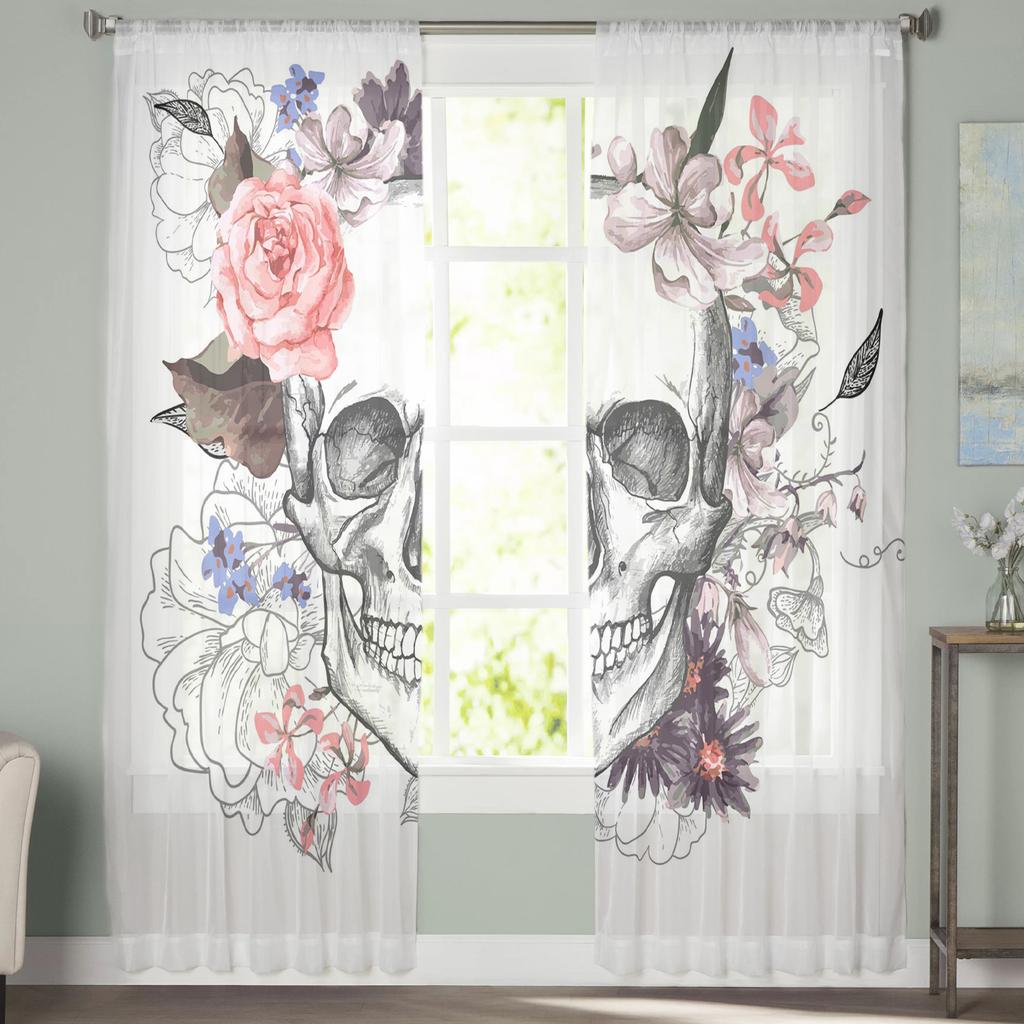 Skull Flower Pattern Tulle Curtains For Living Room Decoration Modern Chiffon Sheer Voile Kitchen Curtain