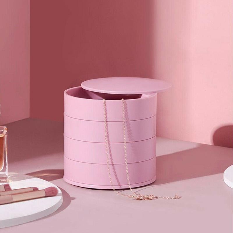 Вращающаяся шкатулка для драгоценностей, 4-х уровневый футляр для хранения, серьги, браслет, кольца, подарки для девочек, ожерелье, органайзер розовый