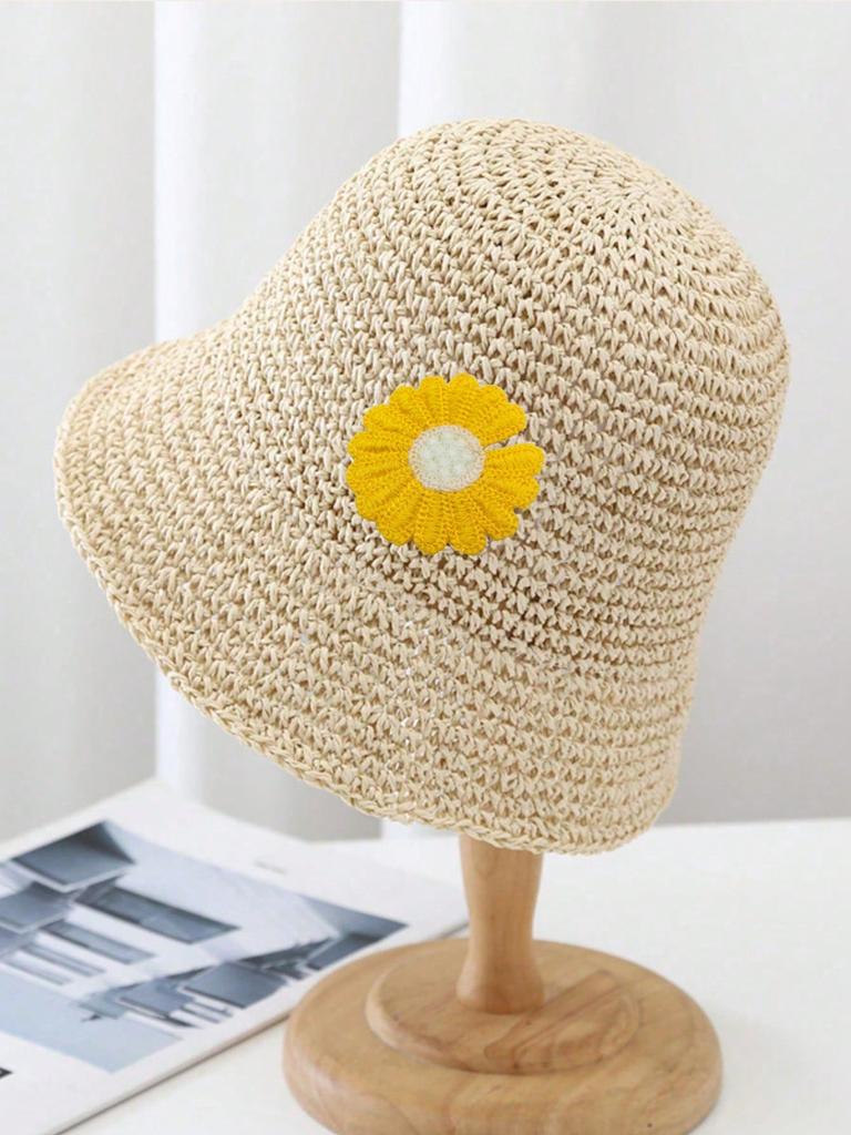 Summer UV Protection Holiday Beach Flower Design Straw Hat Women's Straw Crochet Bohemian Foldable Panama Sun Hat