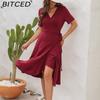 BITCED V-Neck High-Waisted Tie-Detail Dress Solid Color Long-Sleeve Short-Sleeve Dress Vacation Travel Dress