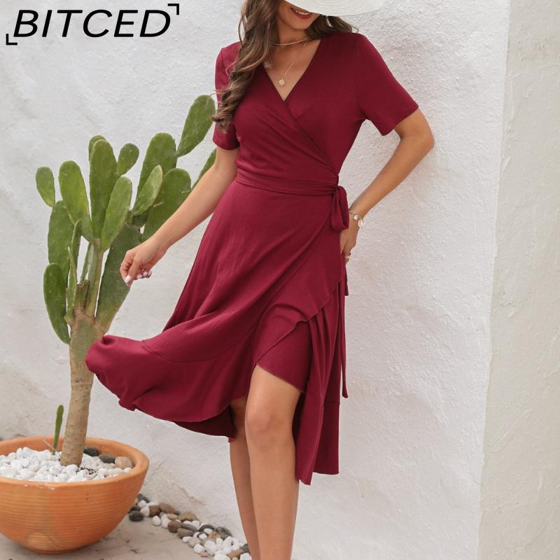 BITCED V-Neck High-Waisted Tie-Detail Dress Solid Color Long-Sleeve Short-Sleeve Dress Vacation Travel Dress