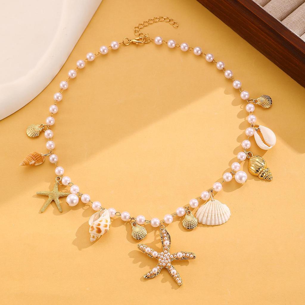 Bohemian Starfish & Seashell Faux Pearl Beach Necklace for Women