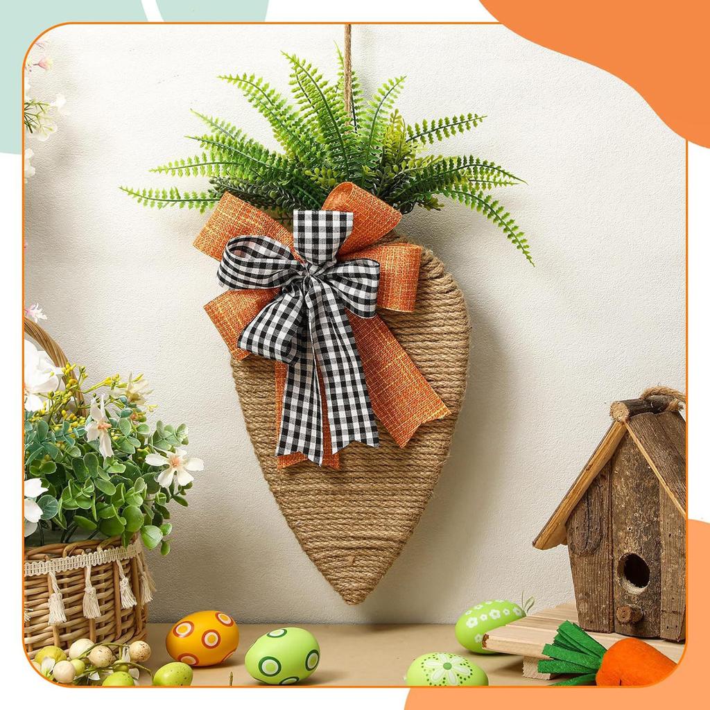17in Carrot Easter Wreath with Black and White Burlap Bow Easter Rope Carrot Door/ Wall Decor Home Party Decorations for Spring