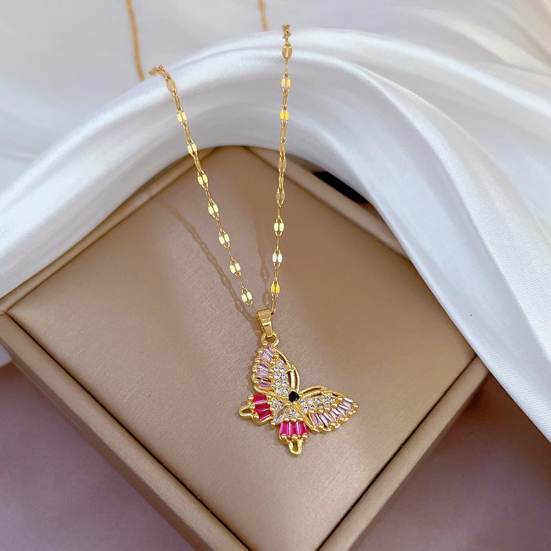 Butterfly Heavy Industry Necklace Women'S Copper Micro-Inlaid Real Gold Electroplating Delicate Clavicle Chain Neck Chain