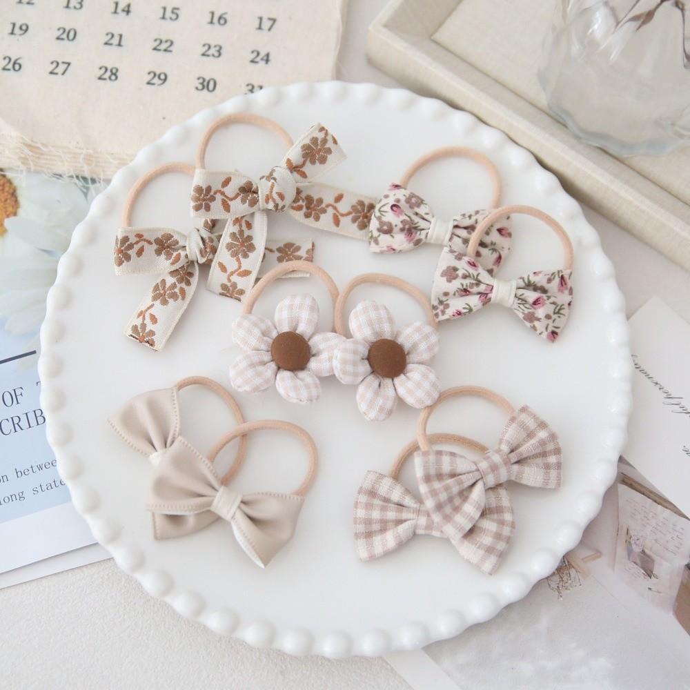 10pcs Handmade Flower Bows Hair Ropes Elastic Harpin Girls Hair Bows Set No Harm Hair Accessories Bowknot Hair Ties
