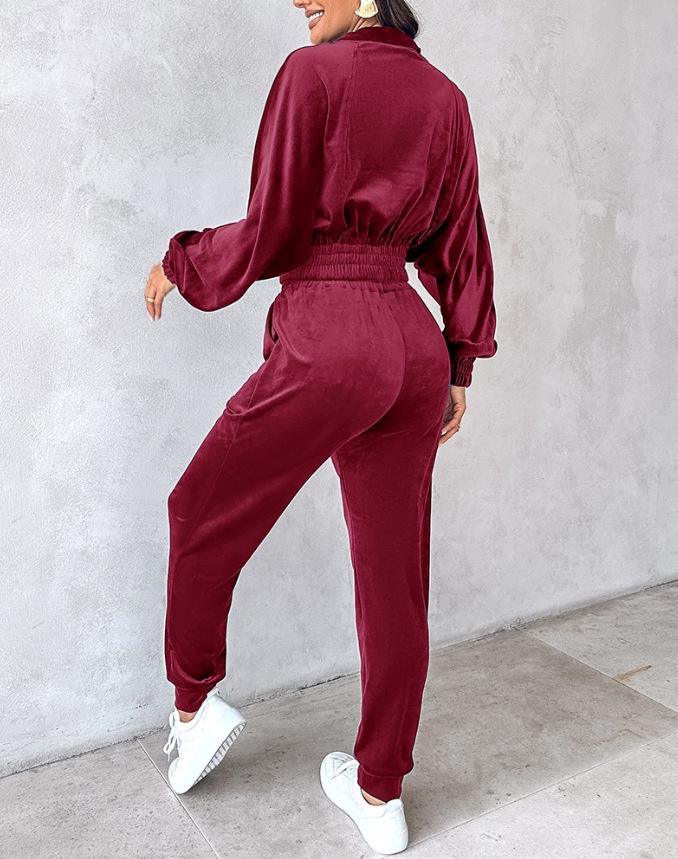 2024 Autumn/Winter Women's Fashion Casual Set: Golden Velvet Long Sleeve Top & Long Pants Two-Piece Set