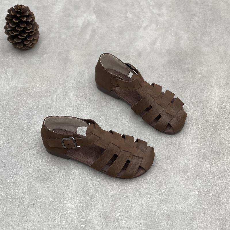 Johnature Genuine Leather Roman Sandals Retro Casual Solid Color Cowhide Soft Sole Flat Women's Shoes