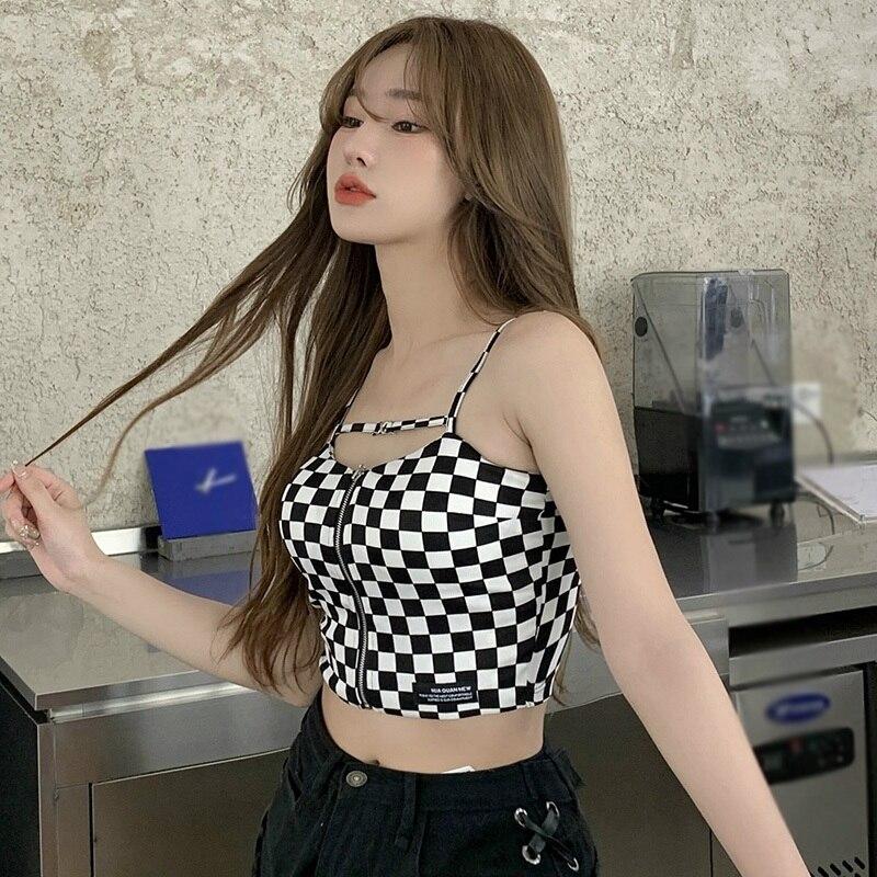 Women Korean Checkered Zipper Sexy Slim Camisole Short Top