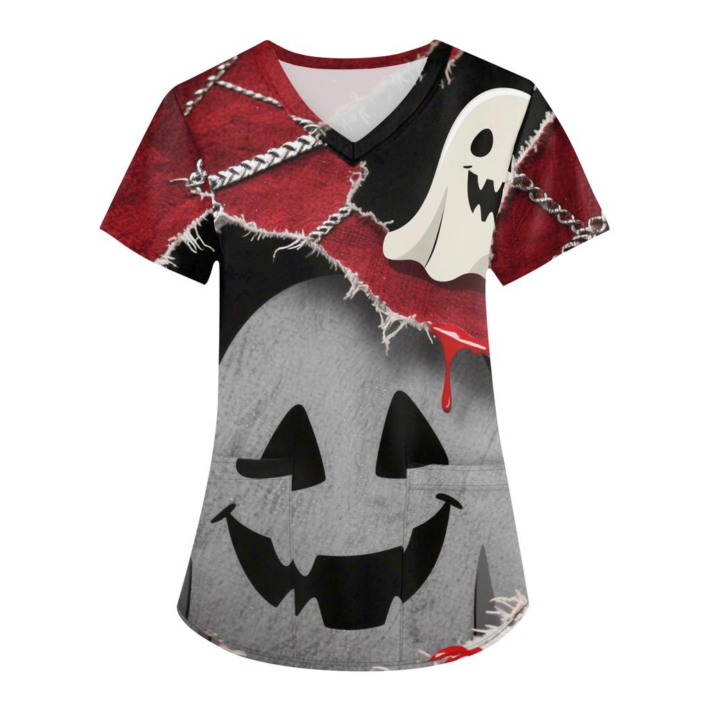 Women's Printing Uniform Work Uniform V-neck Pockets Basic Short Sleeve Pullover Top
