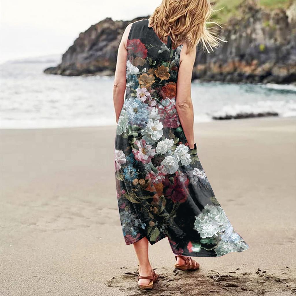 Summer Dress For Women Casual Printed Comfortable Sleeveless Cotton Dress With Pocket