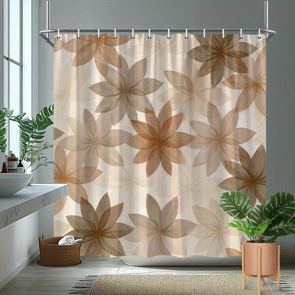 1Pc Brown And Beige Floral Patterned Shower Curtain, Polyester Fabric, Machine Washable, Suitable For Bathroom Dcor.