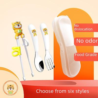 Children's Cartoon Training Chopsticks & Tableware Set: 304 Stainless Steel Spoon, Fork, and Correction Chopsticks for Babies and Mothers.