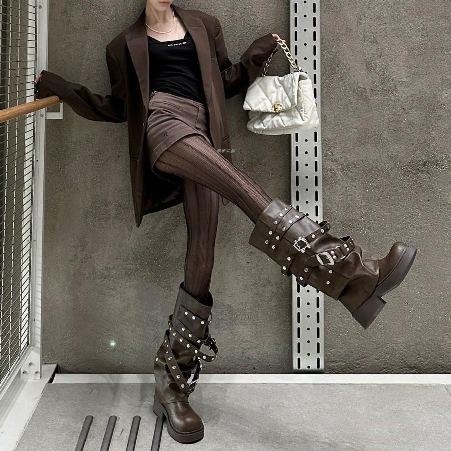 Retro Riveted Trouser Tube Boots Round Head Thin Yadan Style Long Boots 2025 Autumn Thick-soled Niche Design Knight Boots