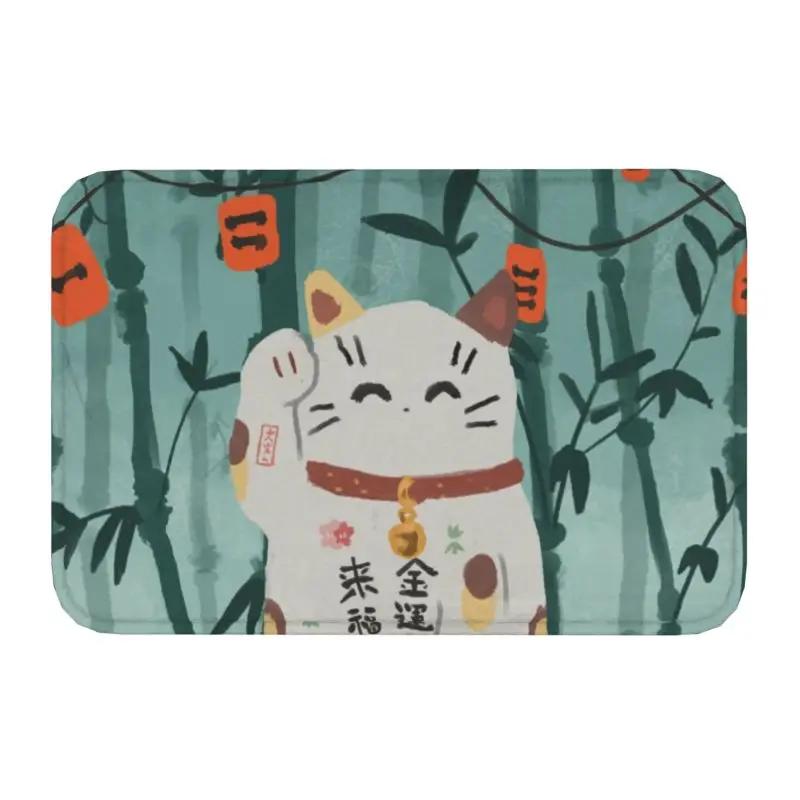 Custom Kawaii Maneki Neko Lucky Cat Doormat Non-Slip Entrance Bath Kitchen Floor Door Mat Japanese Geisha Art Garden Carpet Rug