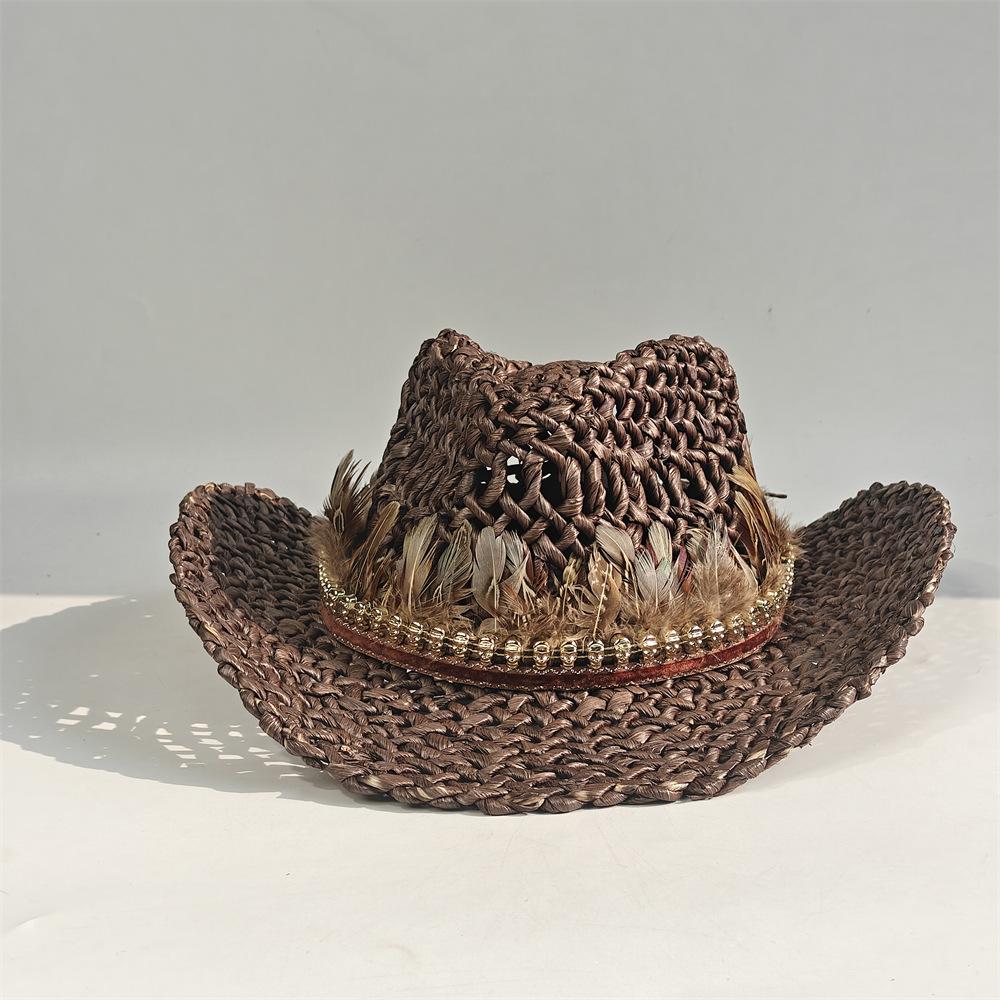 Hollow straw hat Summer sunshade cowboy hat Handwoven hat Outdoor sunscreen straw hat Corn husk