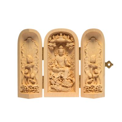 Hanro Kunst Buddhistische Kannon Buddhistischer Altar Holz Schutz vor dem Bösen Skulptur, Statue, Bodhisattva, Sankaibutsu, Statue, Schnitzerei, Ornament, Buchsbaum,
