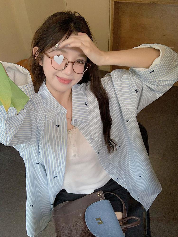 Design sense niche blue striped long-sleeved shirt jacket women's 1116 spring new versatile