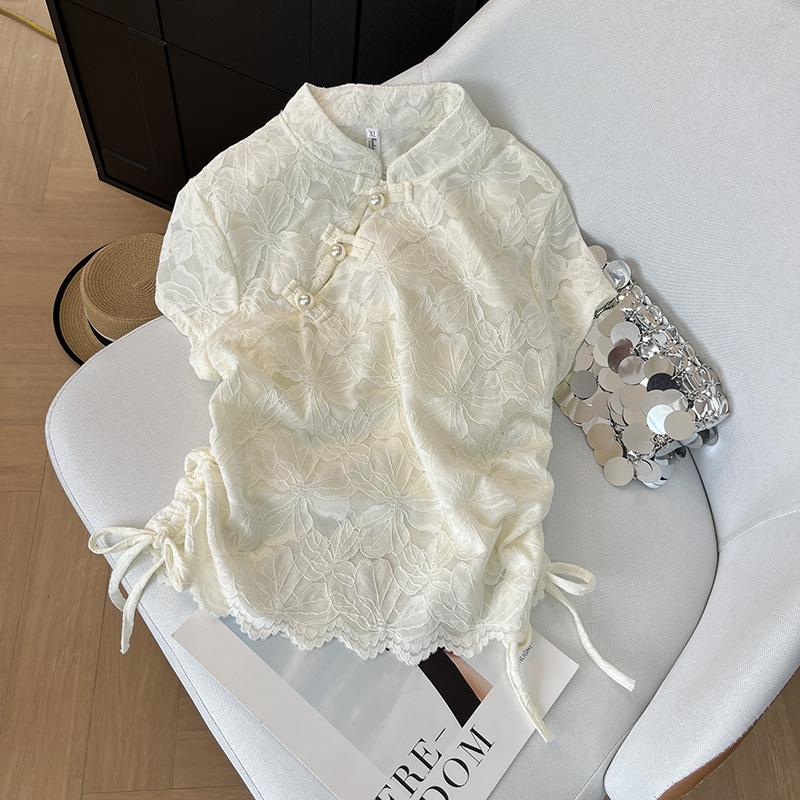 

Высококлассный темперамент универсальный топ женская ретро дисковая пряжка диагональный воротник перспектива футболка с коротким рукавом лето XXXL [Recommended 138-75kg] белый