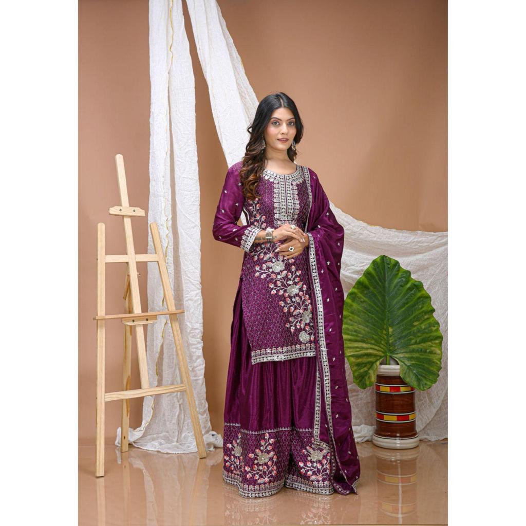 Présentation du nouveau costume Sharara en Chinon Brodé Design avec Broderie à Sequins et Travail Multi-Fil