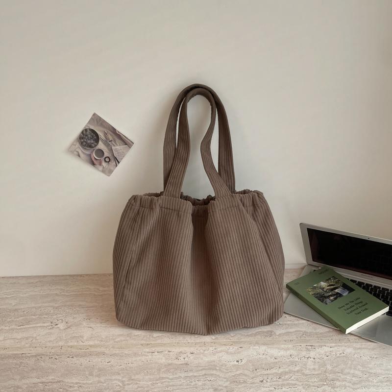 Solid Color Lightweight Corduroy Drawstring Tote Bag Large Capacity Shoulder Tote Bag