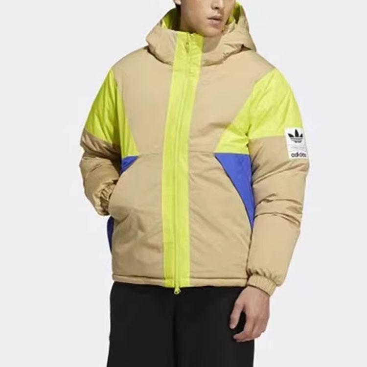 Adidas Originals Patchwork Logo Print Hooded Down Jacket Men Outerwear Beige H66016