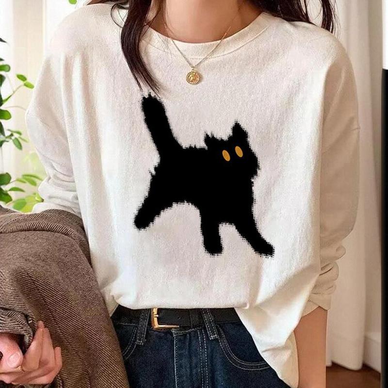 

Женский весенне-осенний пуловер с длинным рукавом, круглым вырезом, свободного кроя, с принтом, хлопковая футболка, блузка, топ S