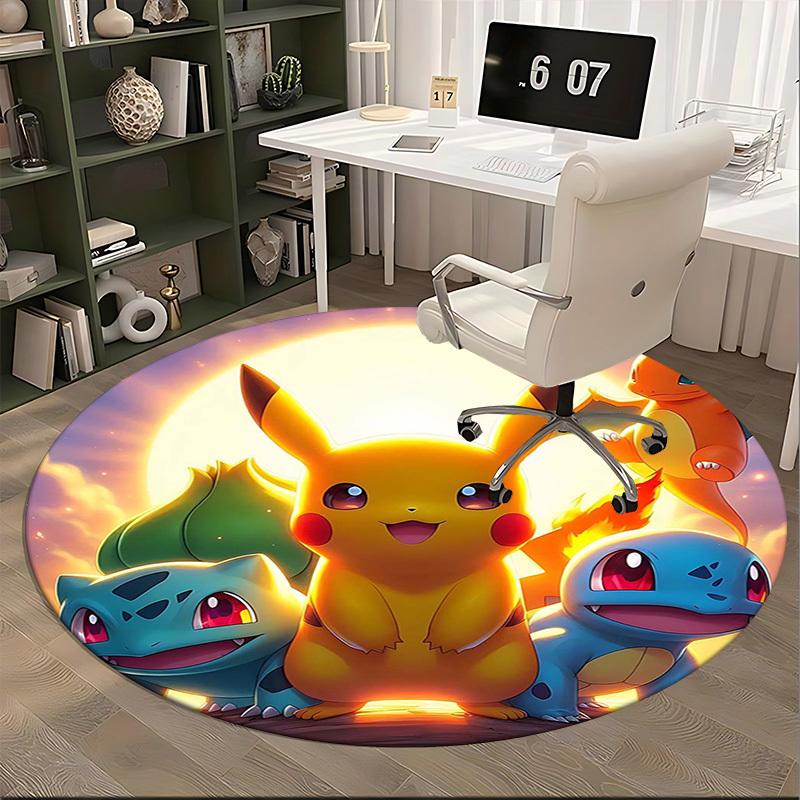 1pc Pikachu & Friends Pokémon Round Carpet - Anime Design Chair Mat, Non-Slip Rug for Office, Home Decor, Living Room