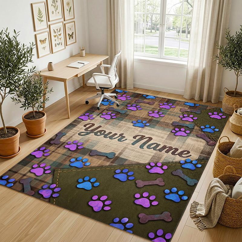 Dog Theme Crystal Velvet Rug Personalized Custom Name Text Soft Floor Mat Home Decor