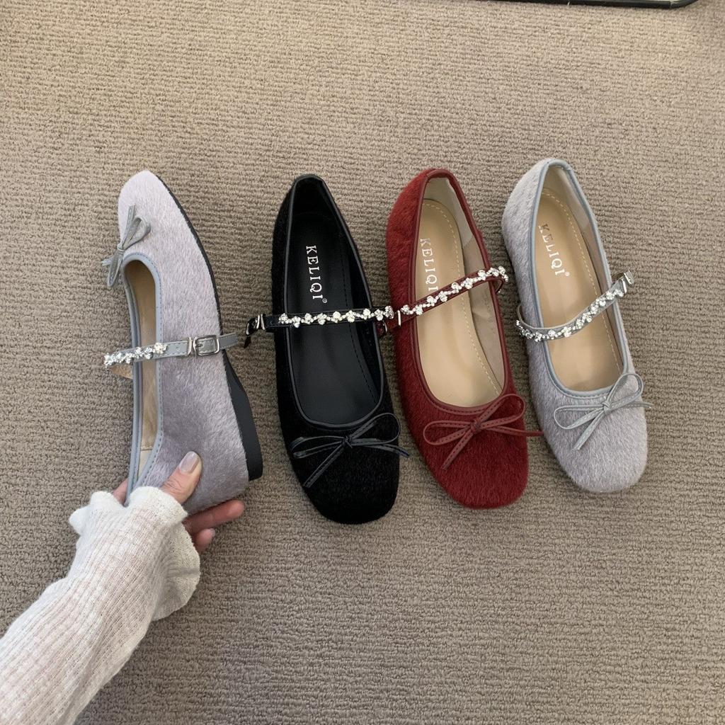 Small red shoes that increase in height in the evening wind 2025 spring and autumn ballet soft-soled bow rhinestone word with shallow mouth single sho