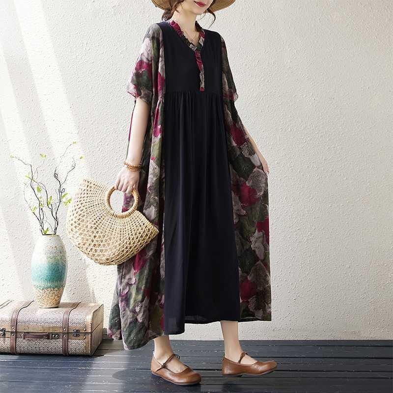 Summer New Literary Large Size Printing Splicing Wood Ear Lace Casual Swing Short Sleeve Long Dresses