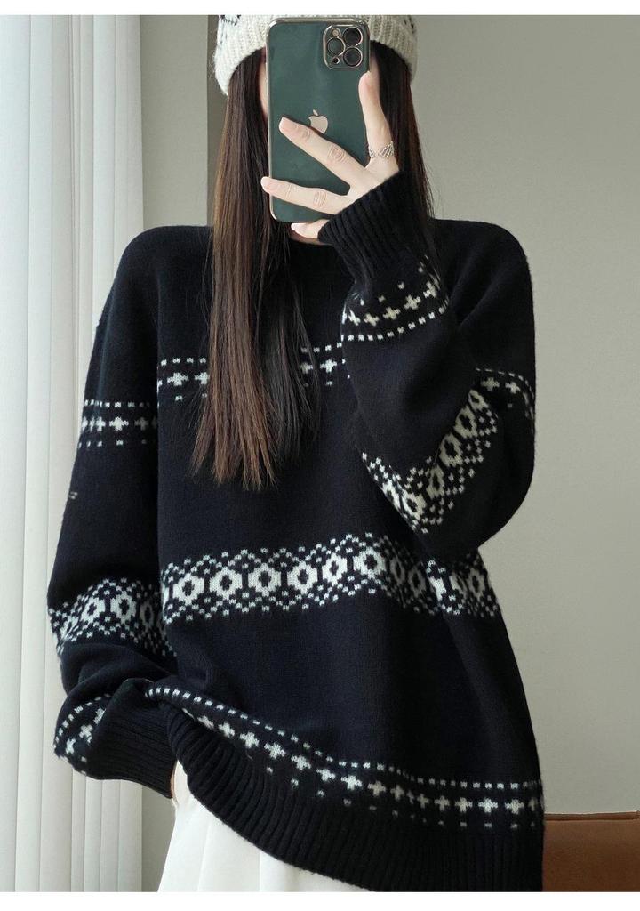 Mall-Stil Dicker Reiner Wollpullover für Damen - 100% Wolle Locker Gestrickt Vielseitiges Oberteil