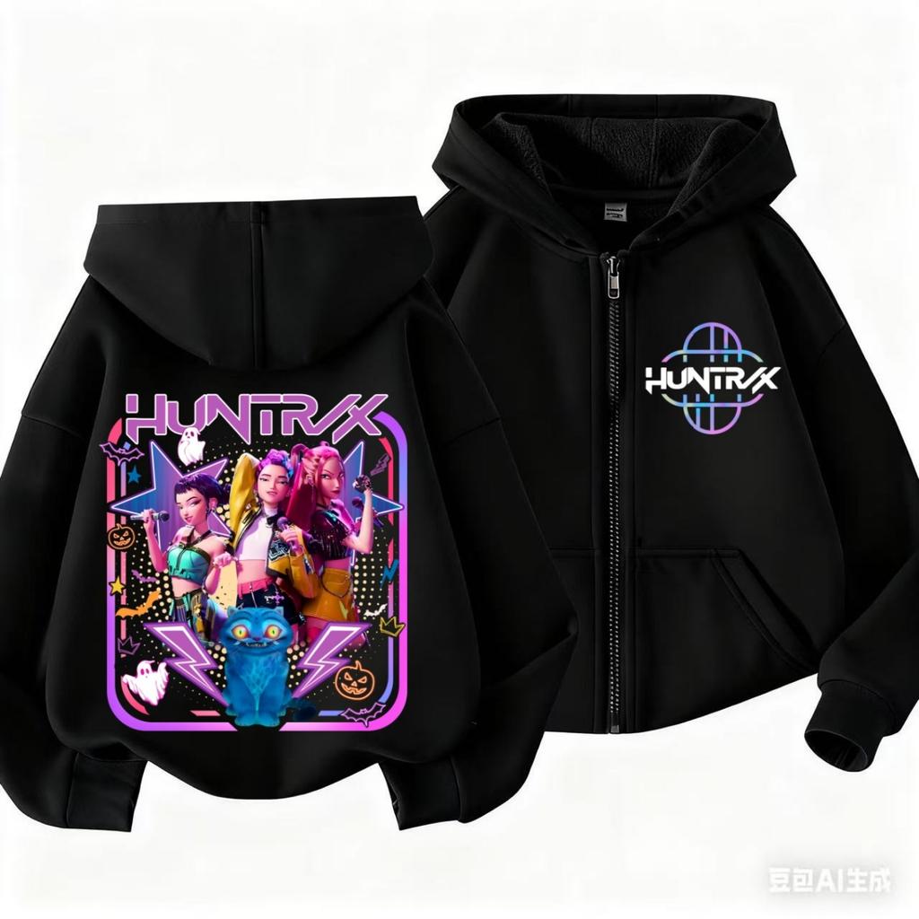 Dětské topy Mikina KPop Lovci démonů Zapínací fialový kabát Chlapecké Černé Dívčí Růžová Mikina Oblečení Věk 3-14 Vhodné pro děti