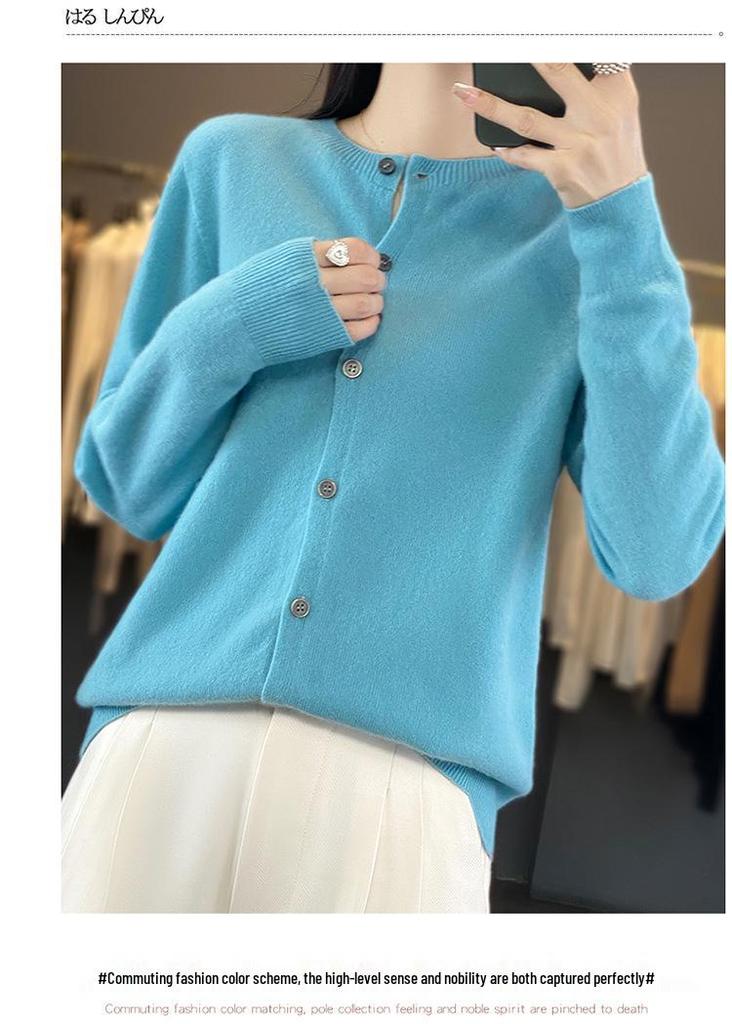 Women's Pure Wool Slim-Fit Cardigan: Warm, Thickened, Round Neck, Knitted Sweater for Autumn and Winter