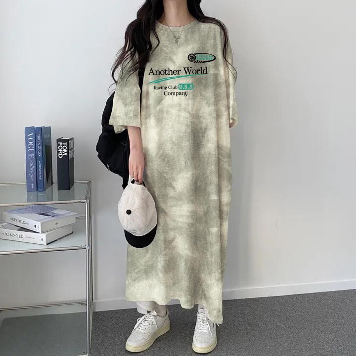 

Korean Tie-Dye Retro Loose-Fit Letter Print Mid-Length Summer T-Shirt Dress XL