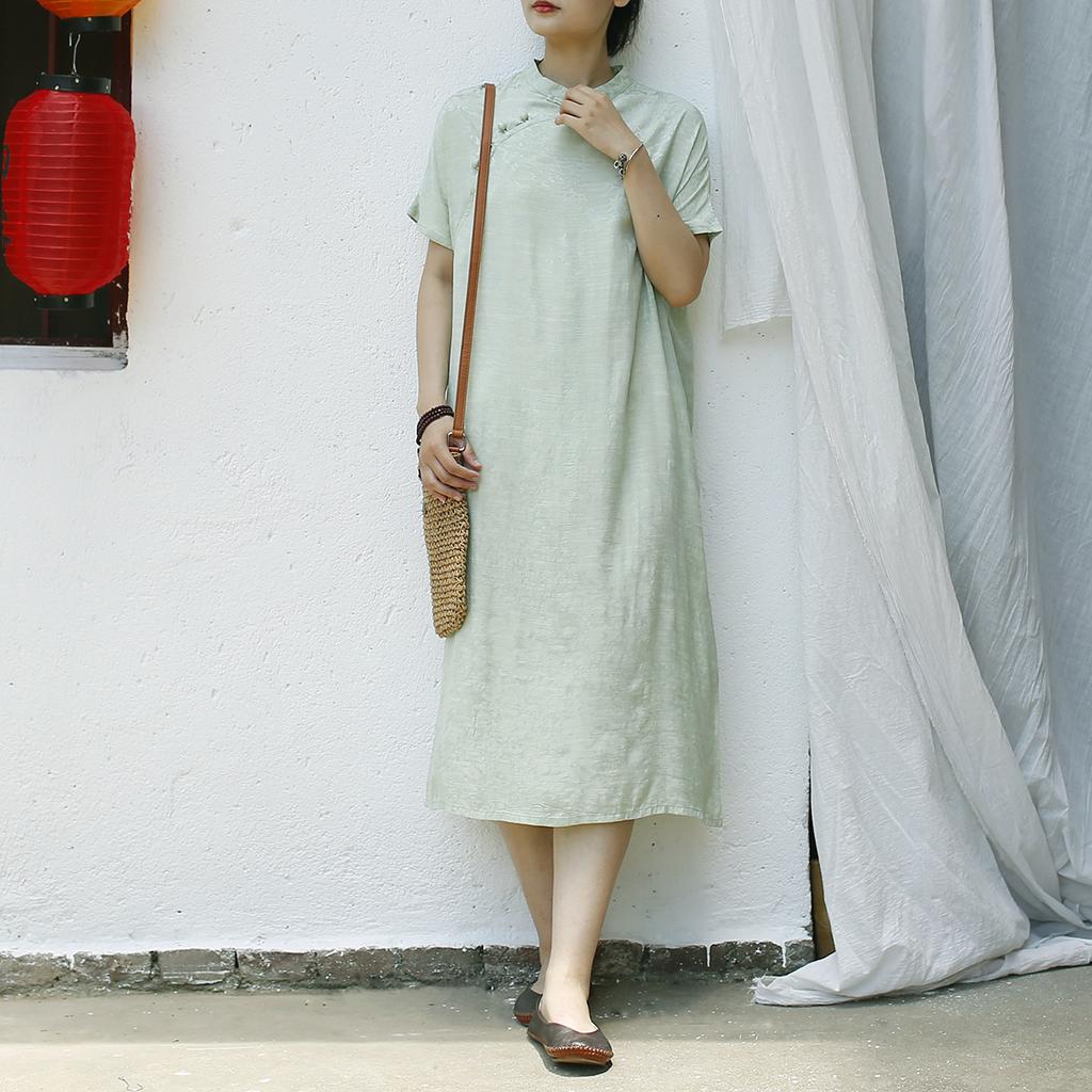 Johnature Vintage Stand Short Sleeve Dress For Women Solid Color Summer A-Line Chinese Style Female Dress