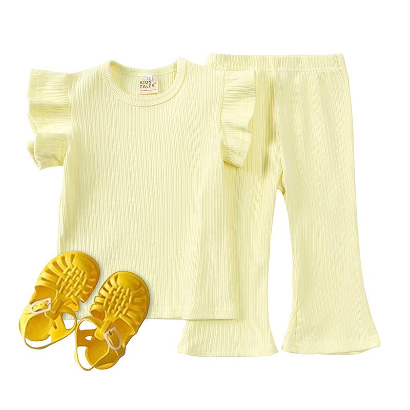 

Корейская детская крутая тонкая футболка с рукавами-крылышками + расклешенные брюки, модный комплект принцессы из двух предметов детской домашней одежды 120