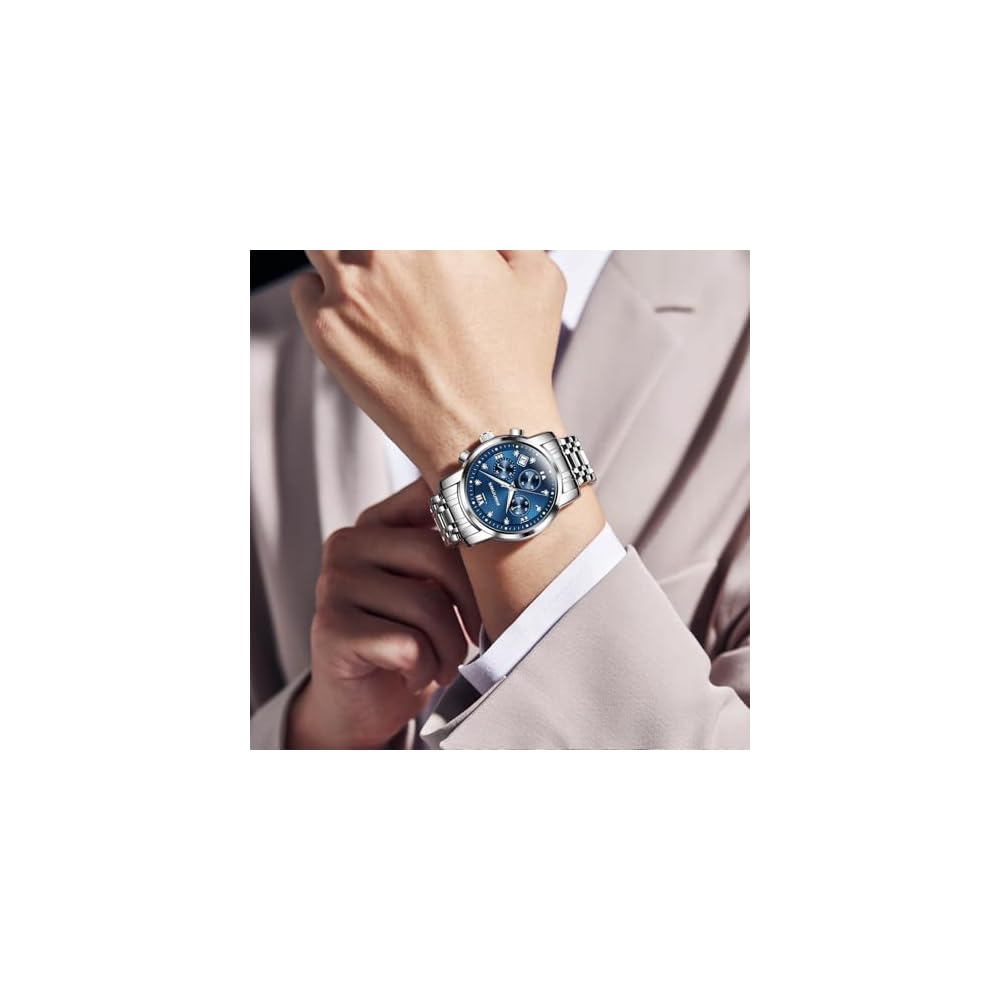 PINDOWS Men's Diamond Business Dress Analog Quartz Watch Waterproof Luminous Date Two-Tone Stainless Steel Band Classic Fashion Watch