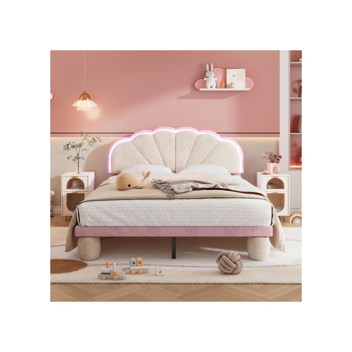 Lit rembourré avec bandes lumineuses multicolores interchangeables, velours, beige + rose, 140x200 cm