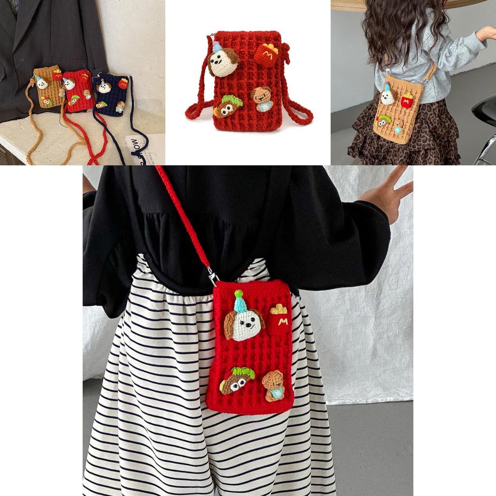Cartoon Kids Shoulder Bag With Handcrafted Knit Cute Doll Design For Toddler Daily Use