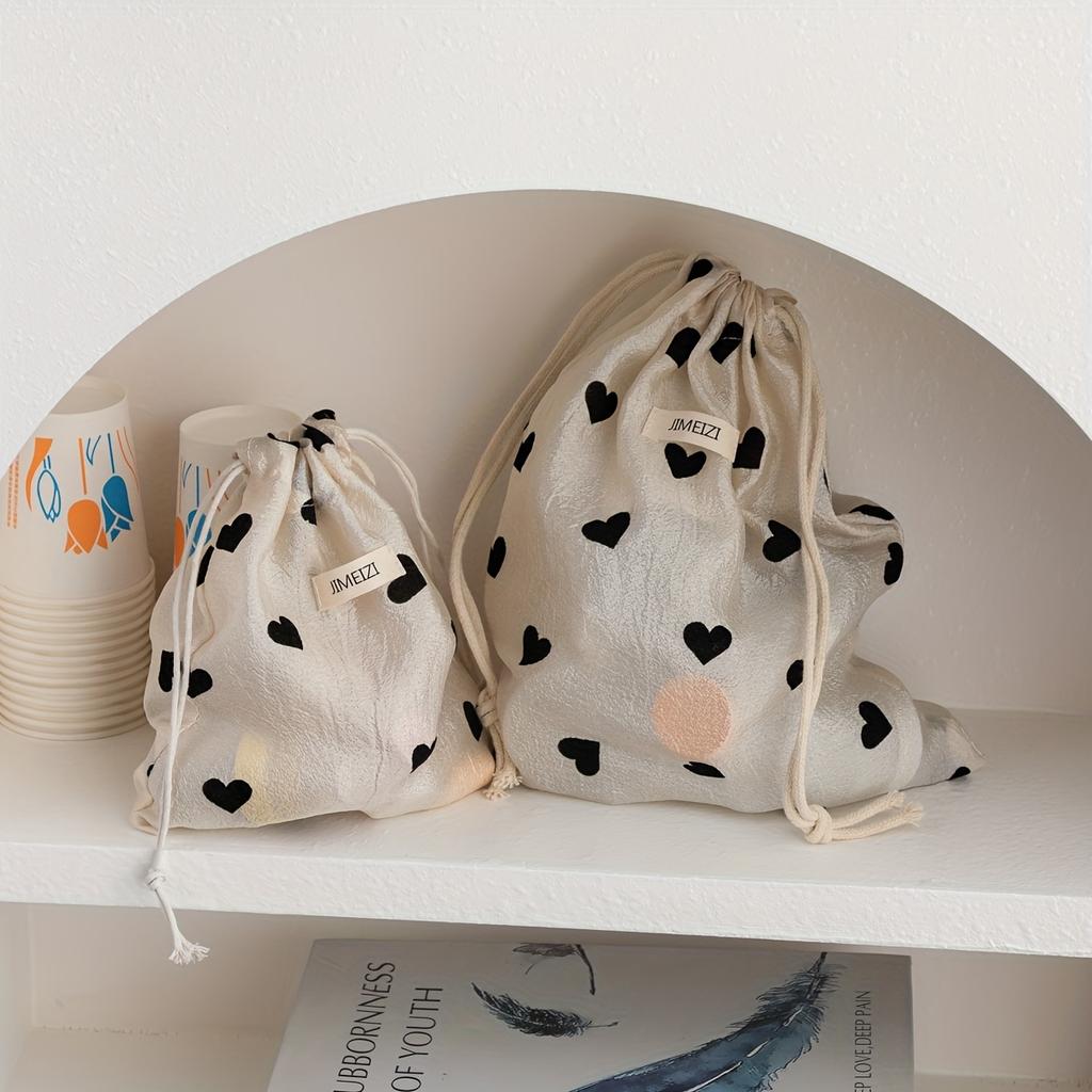 1pc Women's Drawstring Pouch - Beige & Black Heart Pattern Makeup Bag,Large Capacity Travel Organizer with Closure for Cosmetics