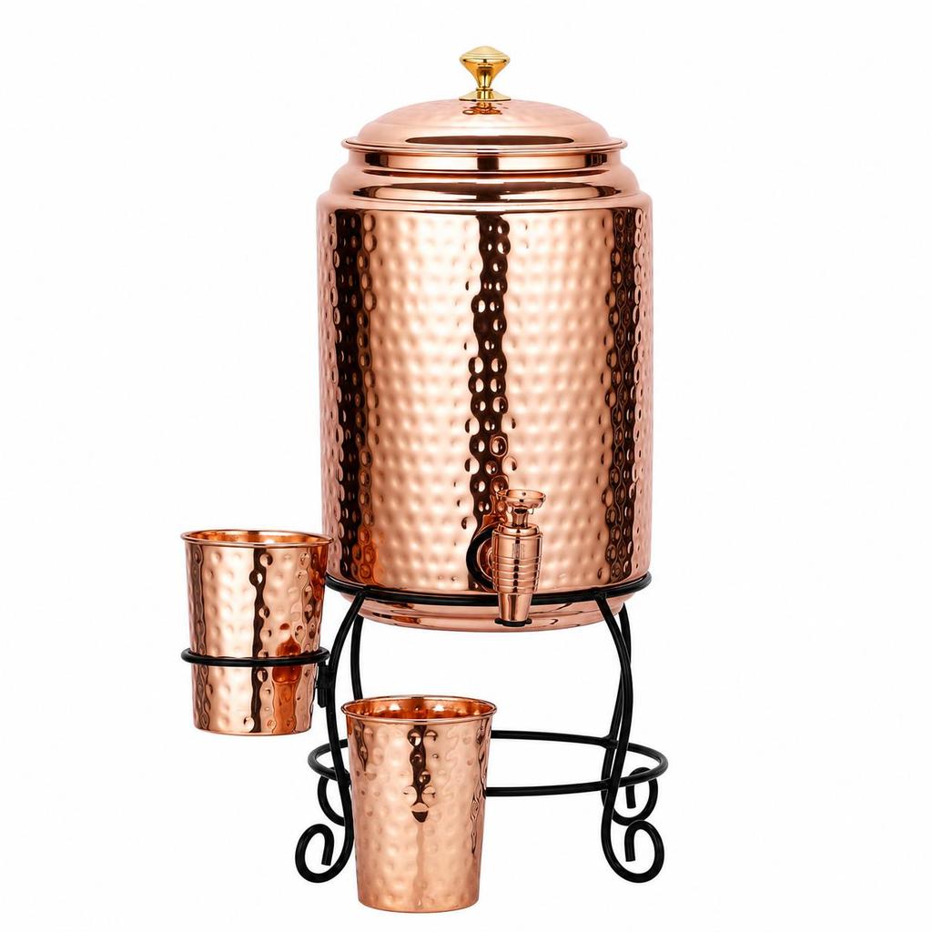 Copper Water Dispenser Set – 5 Litres | Hammered Natural Finish | Includes Stand, 2 Glasses & ABS Tap | Ayurvedic Tamra Jal Water Storage Pot