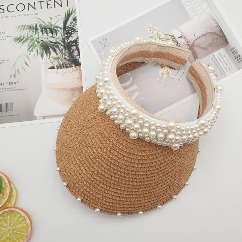 Straw hat spring and summer women's pearl fixed diamond empty top hat ins wind straw woven pearl strip big eaves sun protection monochrome sun hat