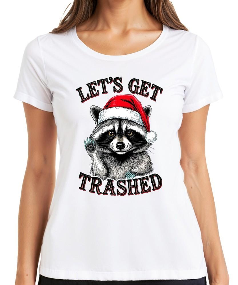 Lets Get Trashed Christmas Raccoon Santa Hat Party Funny Ladies Tshirt