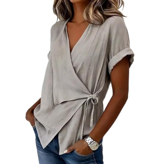 Women Tops V Neck Short Sleeve Pure Color Shirt with Side Tie Irregular Loose Fit Tee Shirt Summer Daily Wear