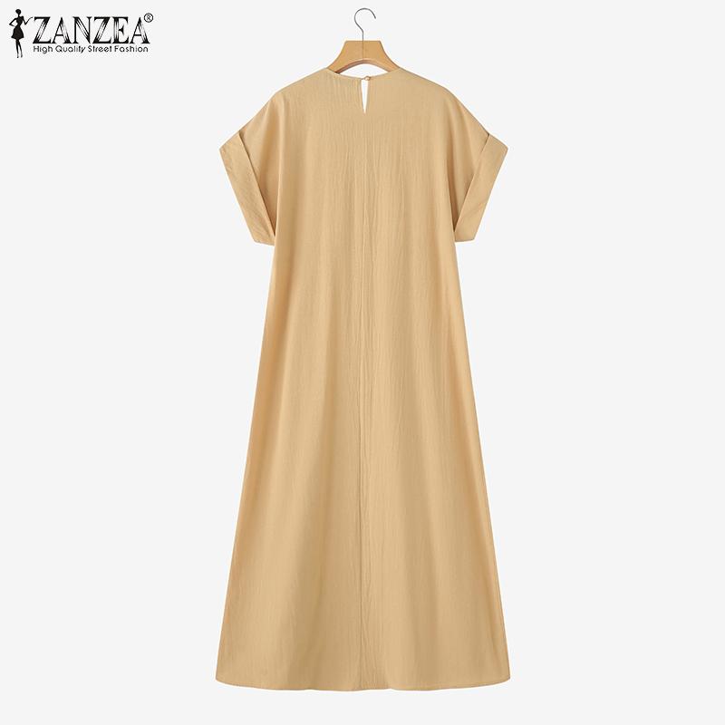 ZANZEA Vintage Women Round Neck Batwing Sleeve Baggy Pleated Casual Long Dress