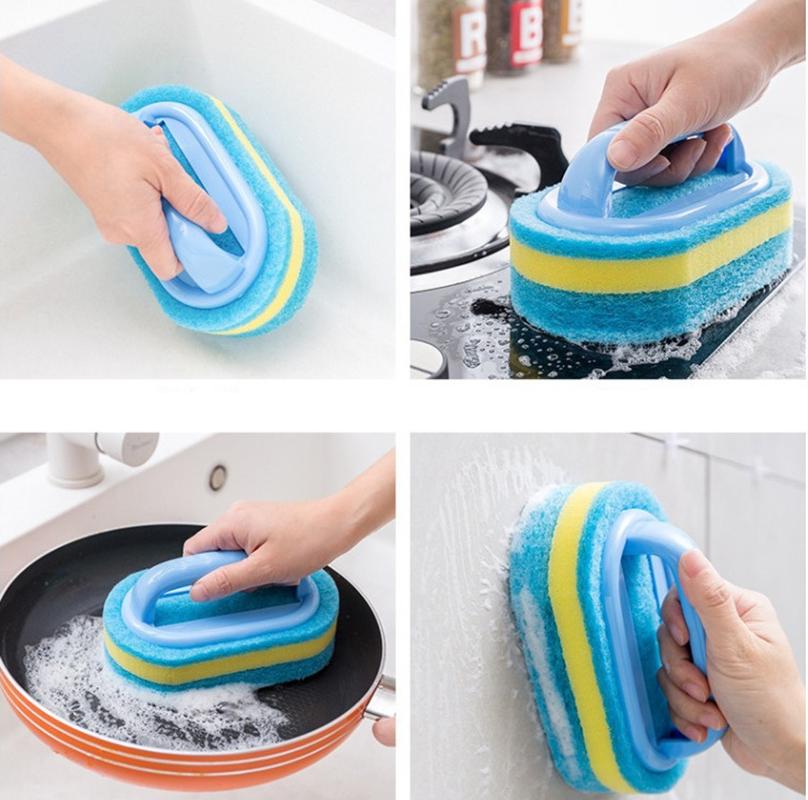 1PCS Cleaning Brush with Handle Kitchen Sponge Wipe Thickening Bathroom Tile Cleaning Sponge Household Stain Removal Clean Tools