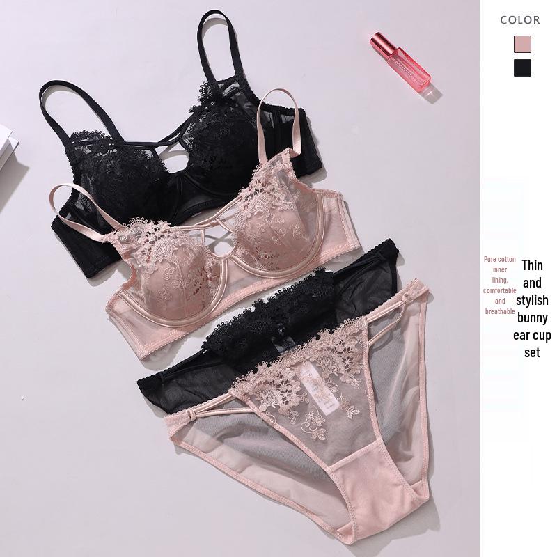 French Lace Bunny Ears Push-Up Bra Set for Small Busts