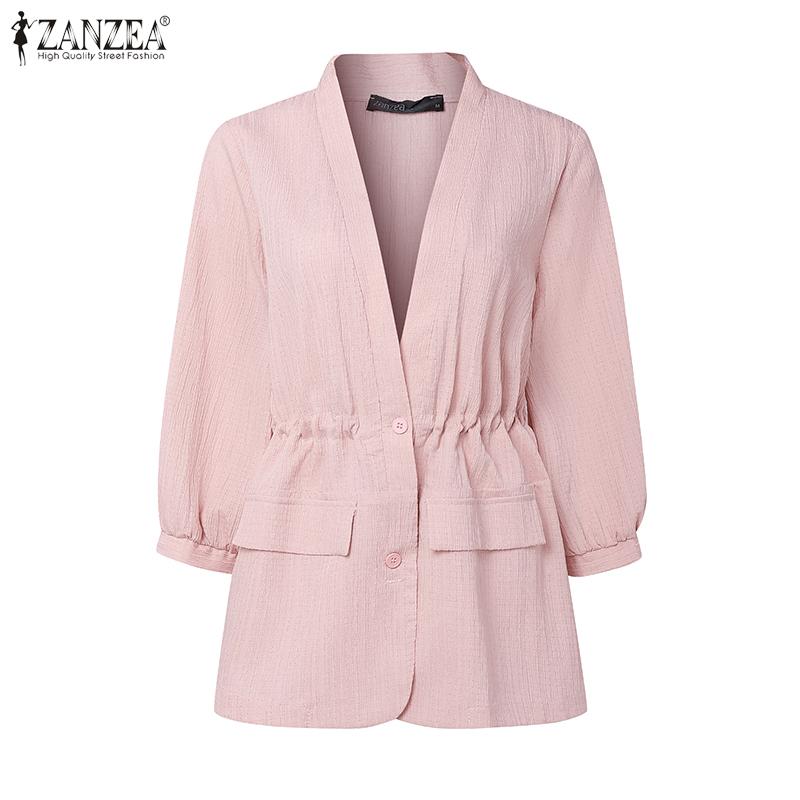 ZANZEA Women Casual V-Neck Solid Color Loose 3/4 Sleeve Cardigan Blouse